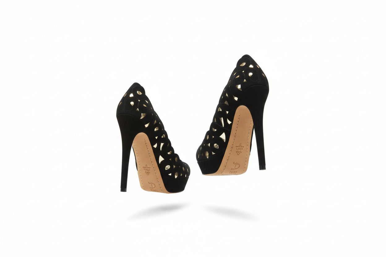 Black high-heeled shoes with cut-out design on a white surface.