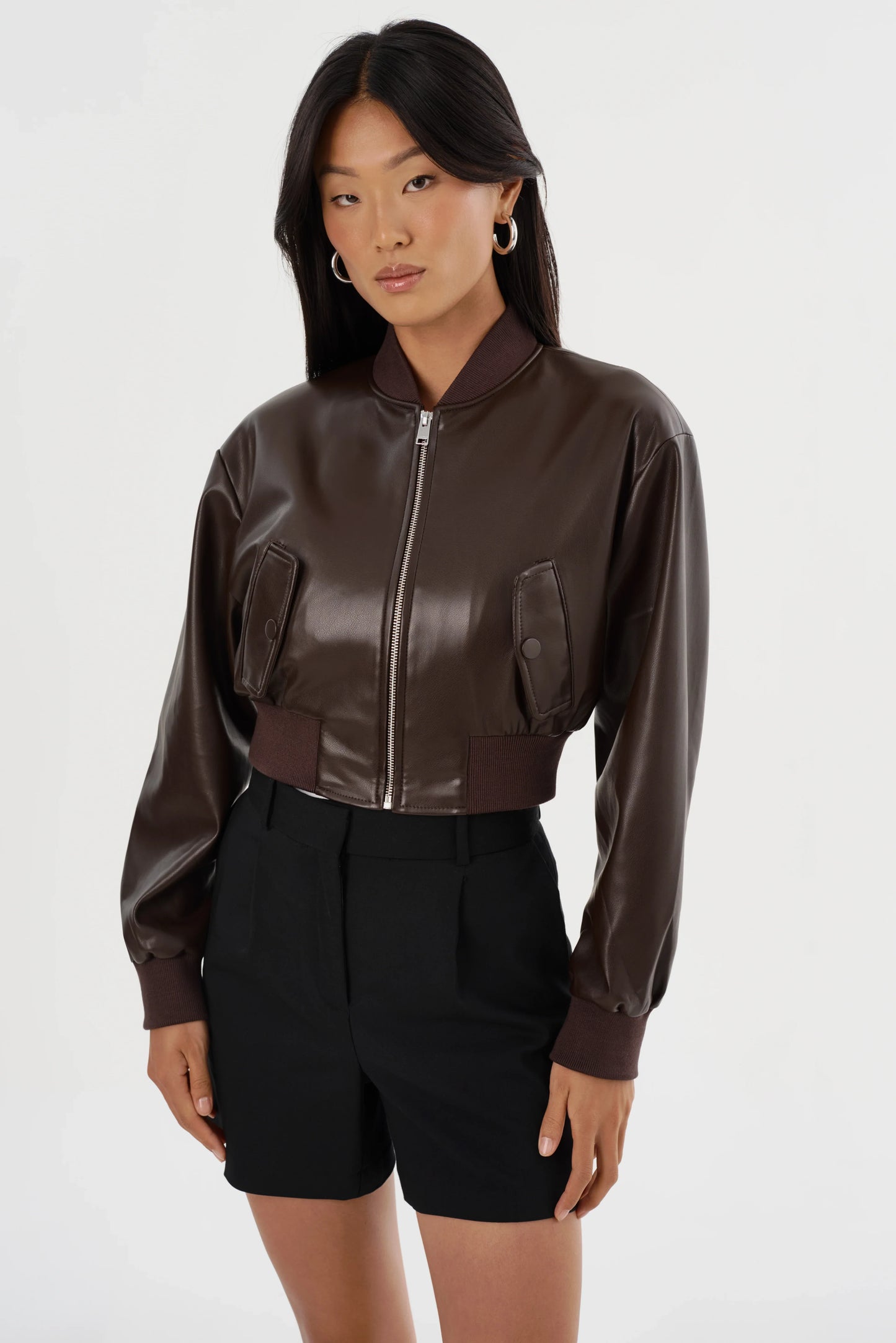 EVELIN | Faux Leather Cropped Bomber