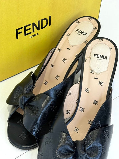 Fendi Women's Black Heeled Sandals with Bow