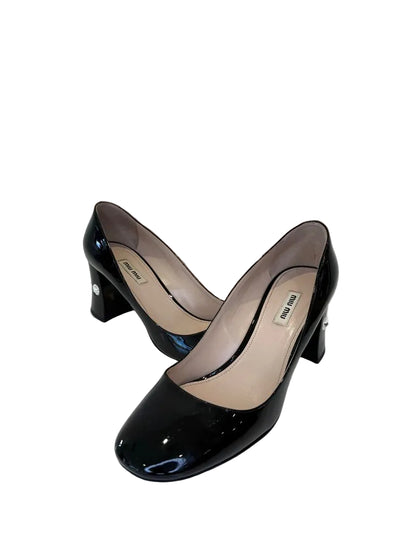 Miu Miu Black Patent Leather Heels with Gem Detail