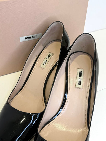 Miu Miu Black Patent Leather Heels with Gem Detail