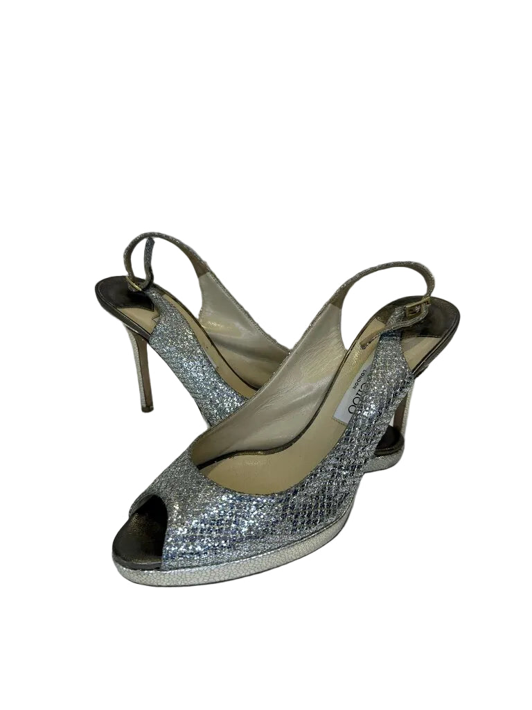 Jimmy Choo Silver Glitter Peep Toe Slingback Heels