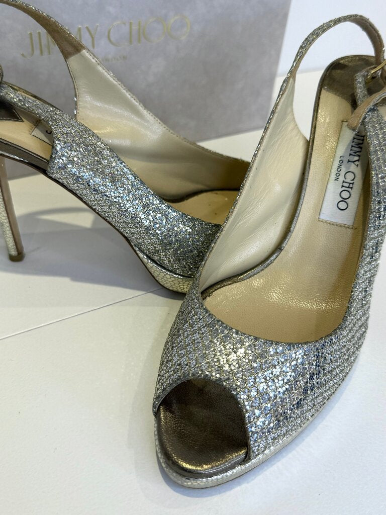Jimmy Choo Silver Glitter Peep Toe Slingback Heels