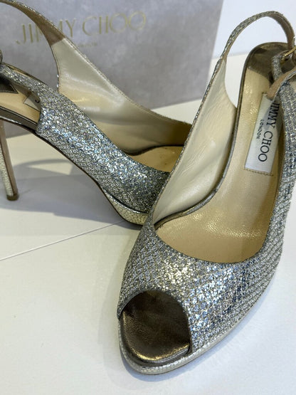 Jimmy Choo Silver Glitter Peep Toe Slingback Heels