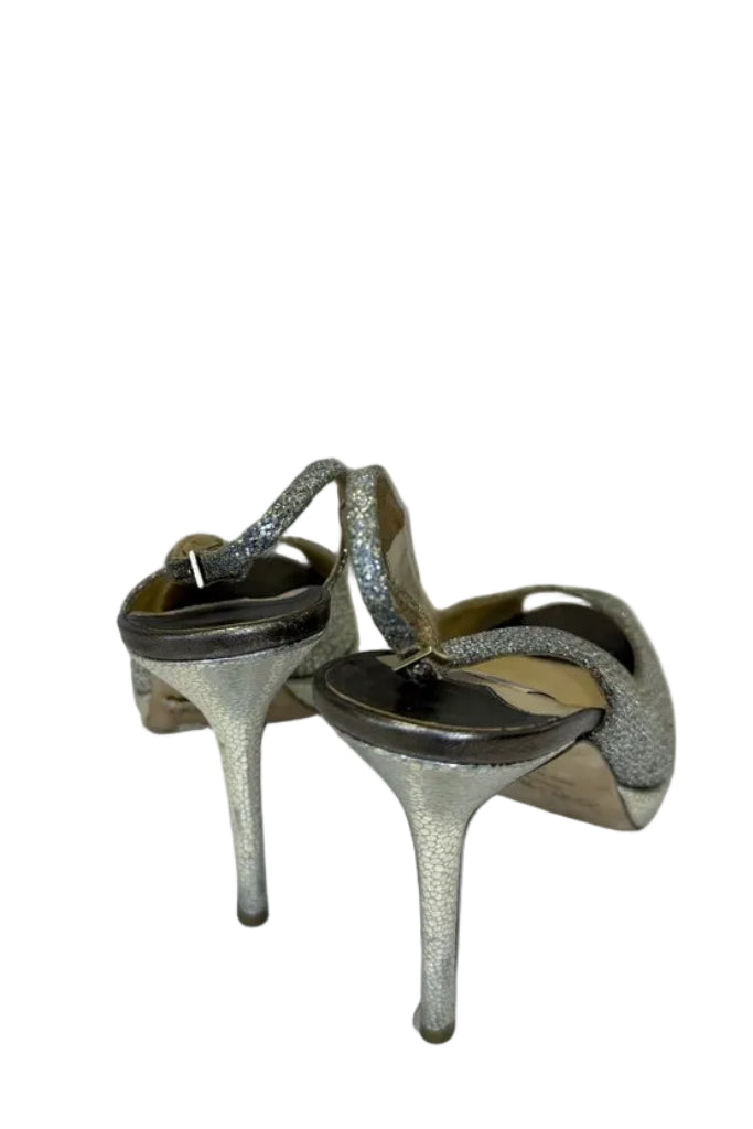 Jimmy Choo Silver Glitter Peep Toe Slingback Heels