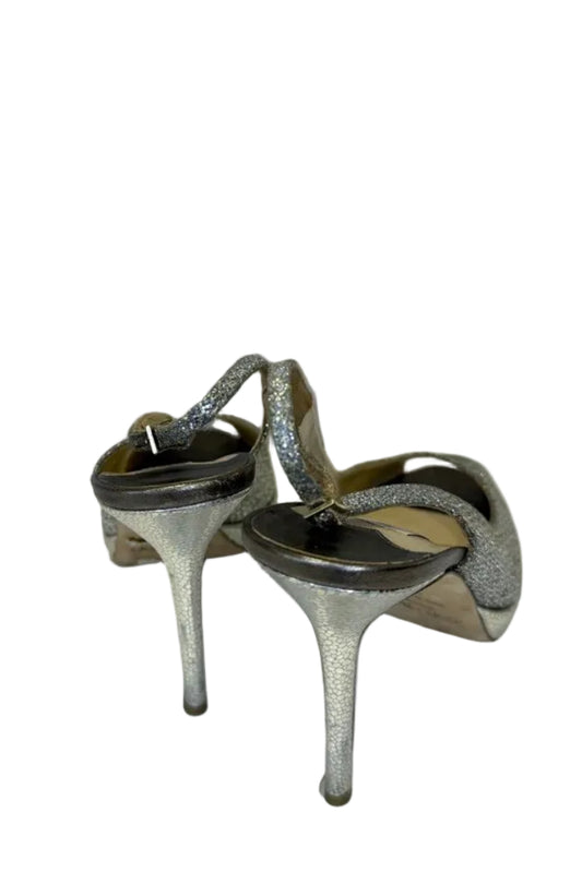 Jimmy Choo Silver Glitter Peep Toe Slingback Heels