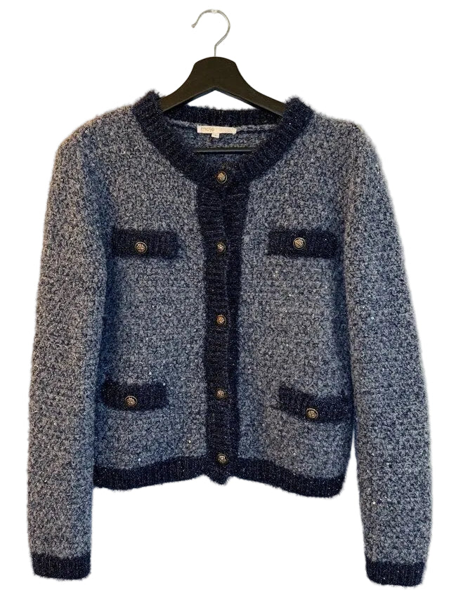 Maje Women's Blue Boucle Knit Cardigan