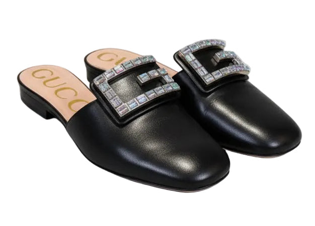 Gucci Black Heeled Mules with Gem Buckle
