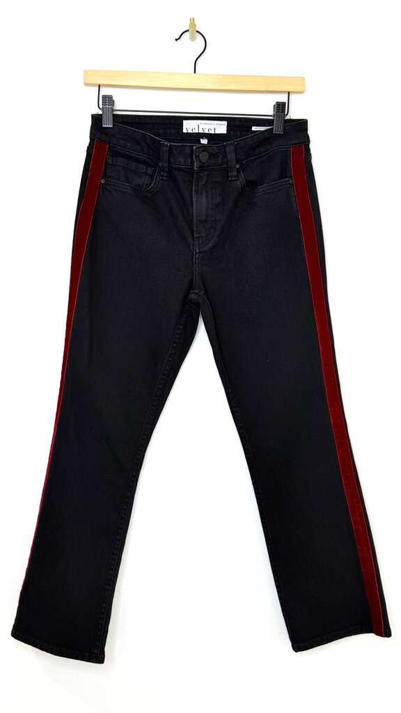 Velvet High-Waisted Black Jeans with Red Side Stripe