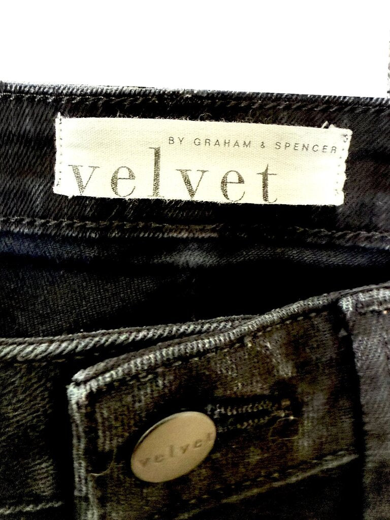 Velvet High-Waisted Black Jeans with Red Side Stripe