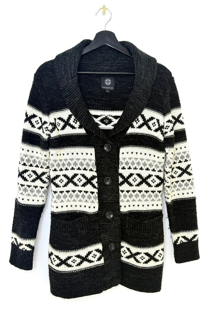 SANSARA Women's Black and White Patterned Cardigan Sweater