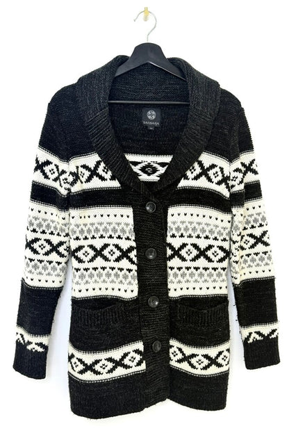 SANSARA Women's Black and White Patterned Cardigan Sweater