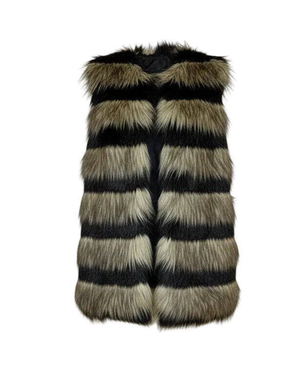 Striped fur vest on a hanger against a white background