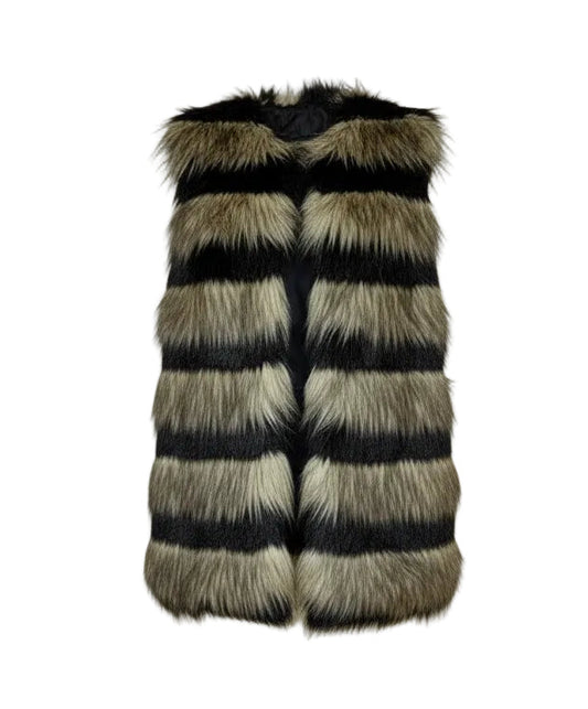 Striped fur vest on a hanger against a white background