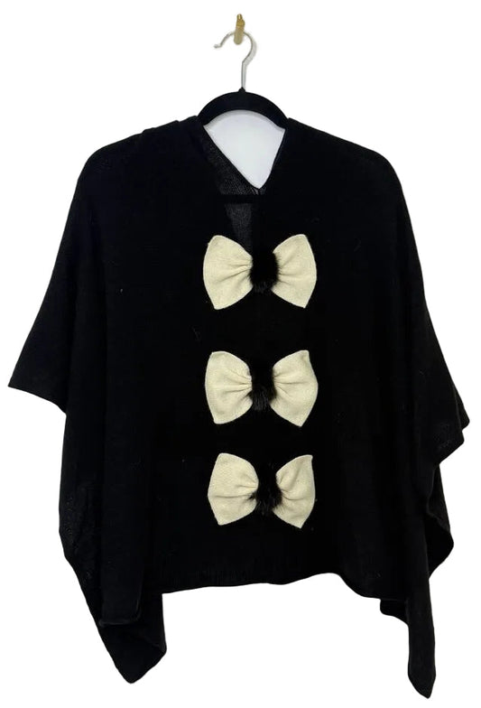 Black Mink Fur Poncho with Bow Accents