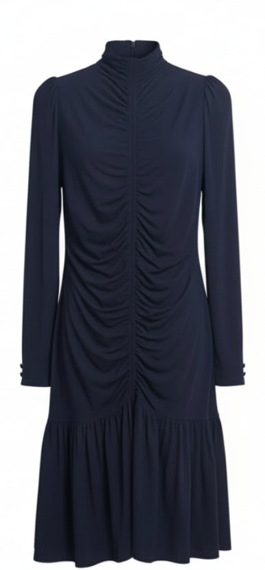 Navy blue dress with a ruched design on a hanger against a white wall.