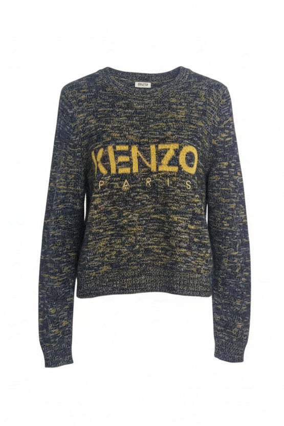 Blue and yellow sweater with 'Kenzo' branding on a hanger against a white background