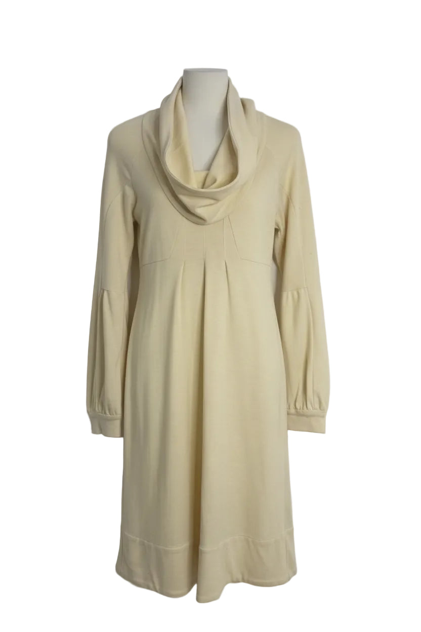 Beige long-sleeve dress on a hanger against a white background