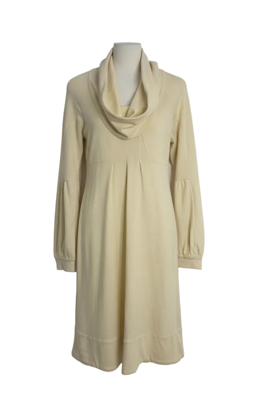 Beige long-sleeve dress on a hanger against a white background