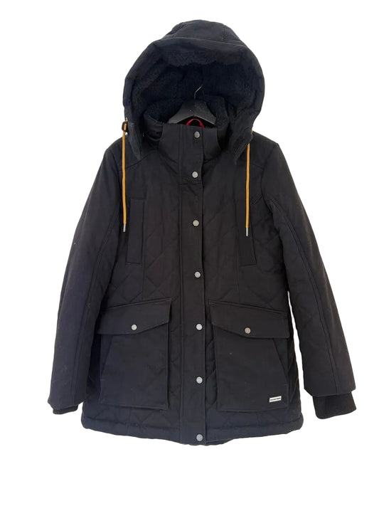 Black winter jacket with a hood on a white background