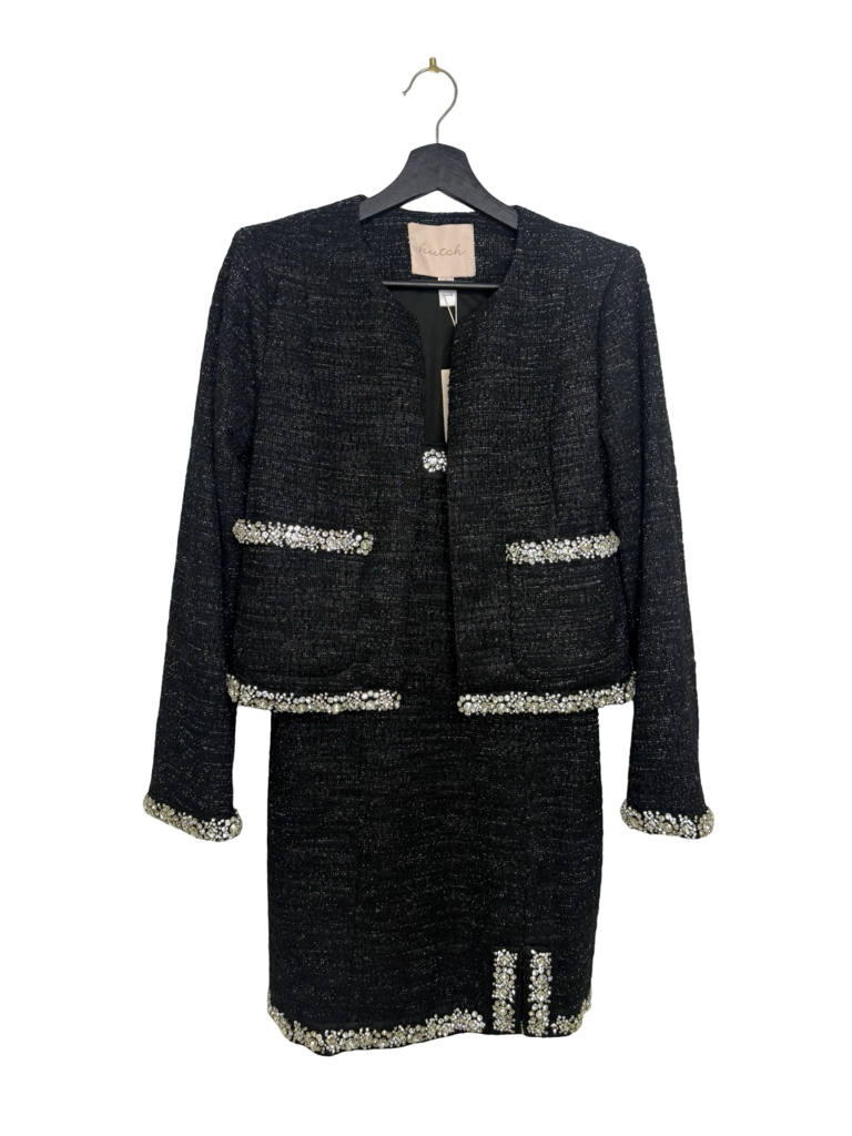 Elegant Black Tweed Dress and Jacket Set with Crystal Accents