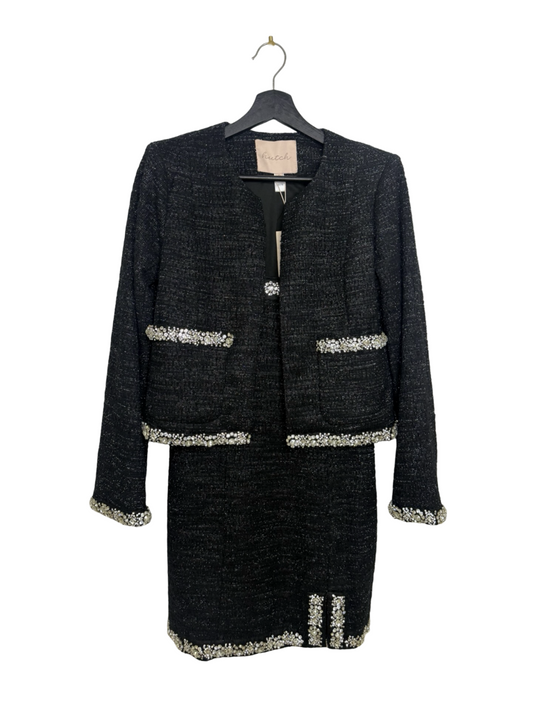 Elegant Black Tweed Dress and Jacket Set with Crystal Accents