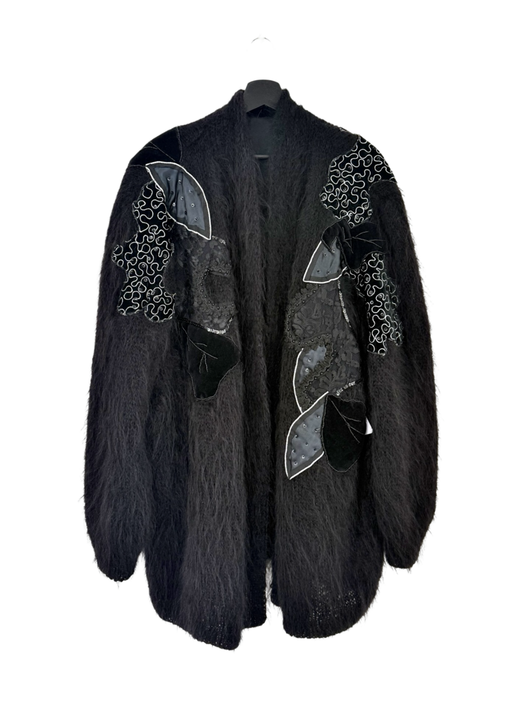 Black Mohair Cardigan with Floral Appliqué