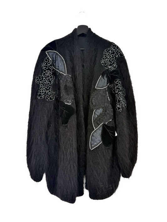 Black Mohair Cardigan with Floral Appliqué